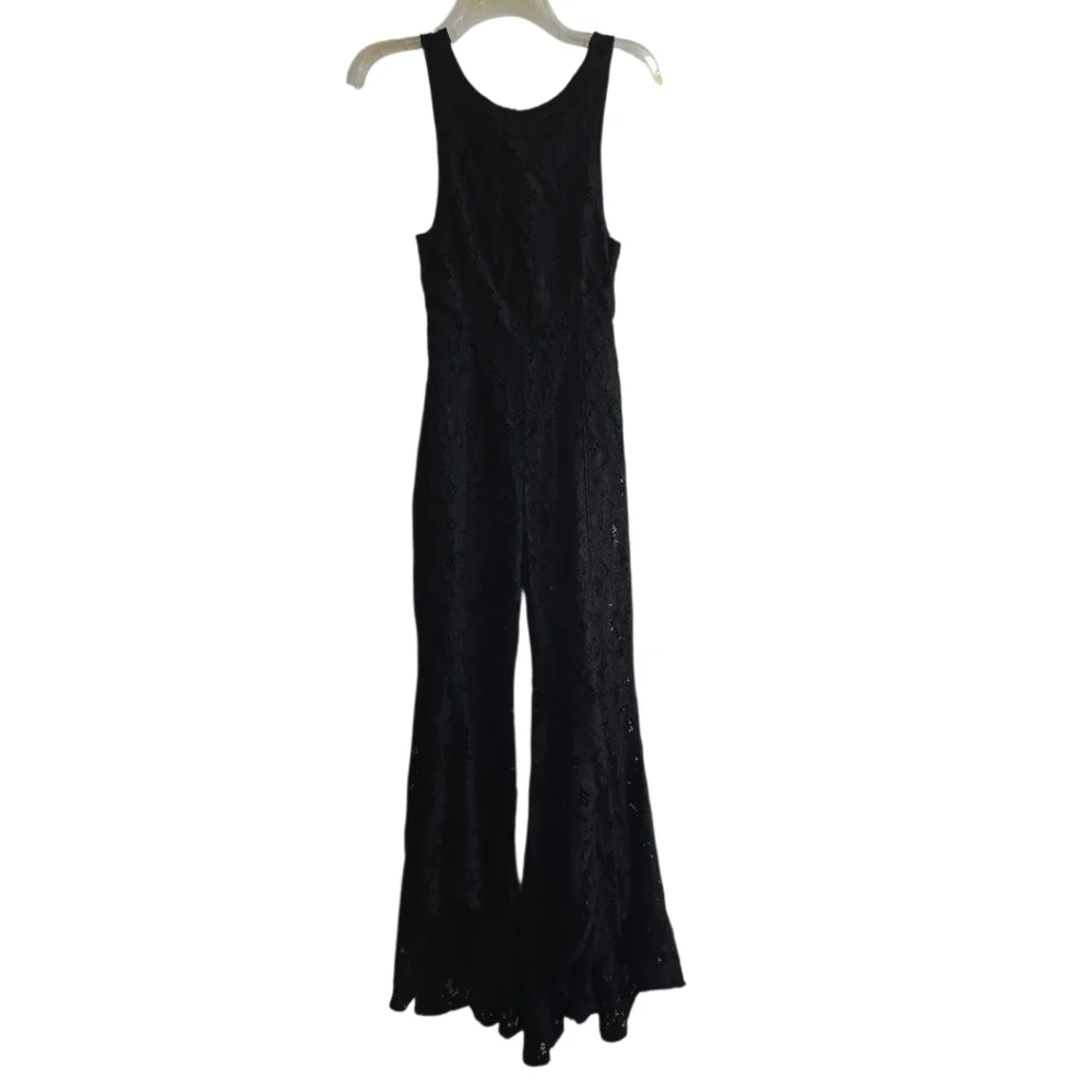 Free People Rise & Shine Black Lace Jumsuit Bell Bottom Flare Leg 2 Open Back - Picture 2 of 8